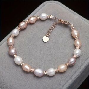 Freshwater Pearls Women's Elegant Minimalist Bracelet w Heart-Shaped Charm